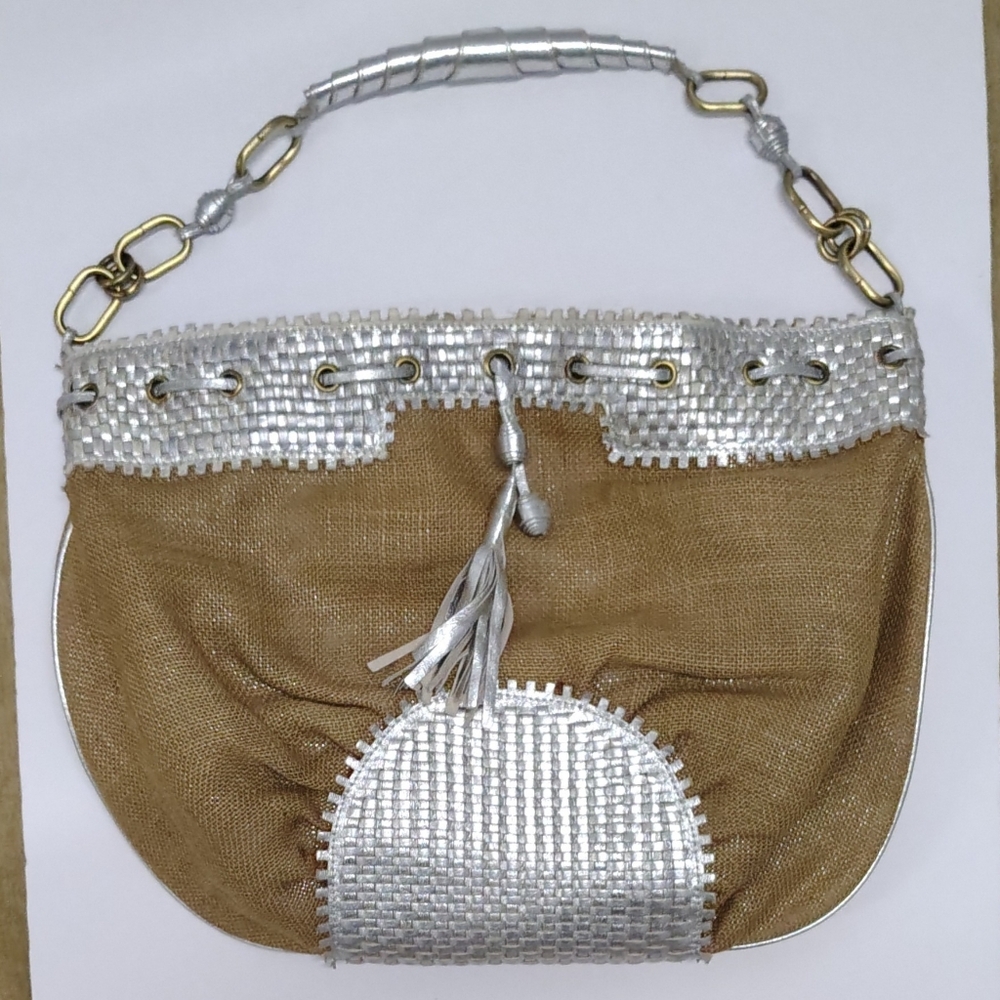 Flora Bella Raffia & Silver Woven Leather Large Tote Resort Beach Boho-chic Bag
